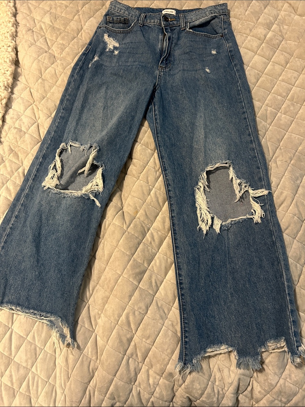 Sneak Peek Distressed Dark Blue Wide Leg Jeans